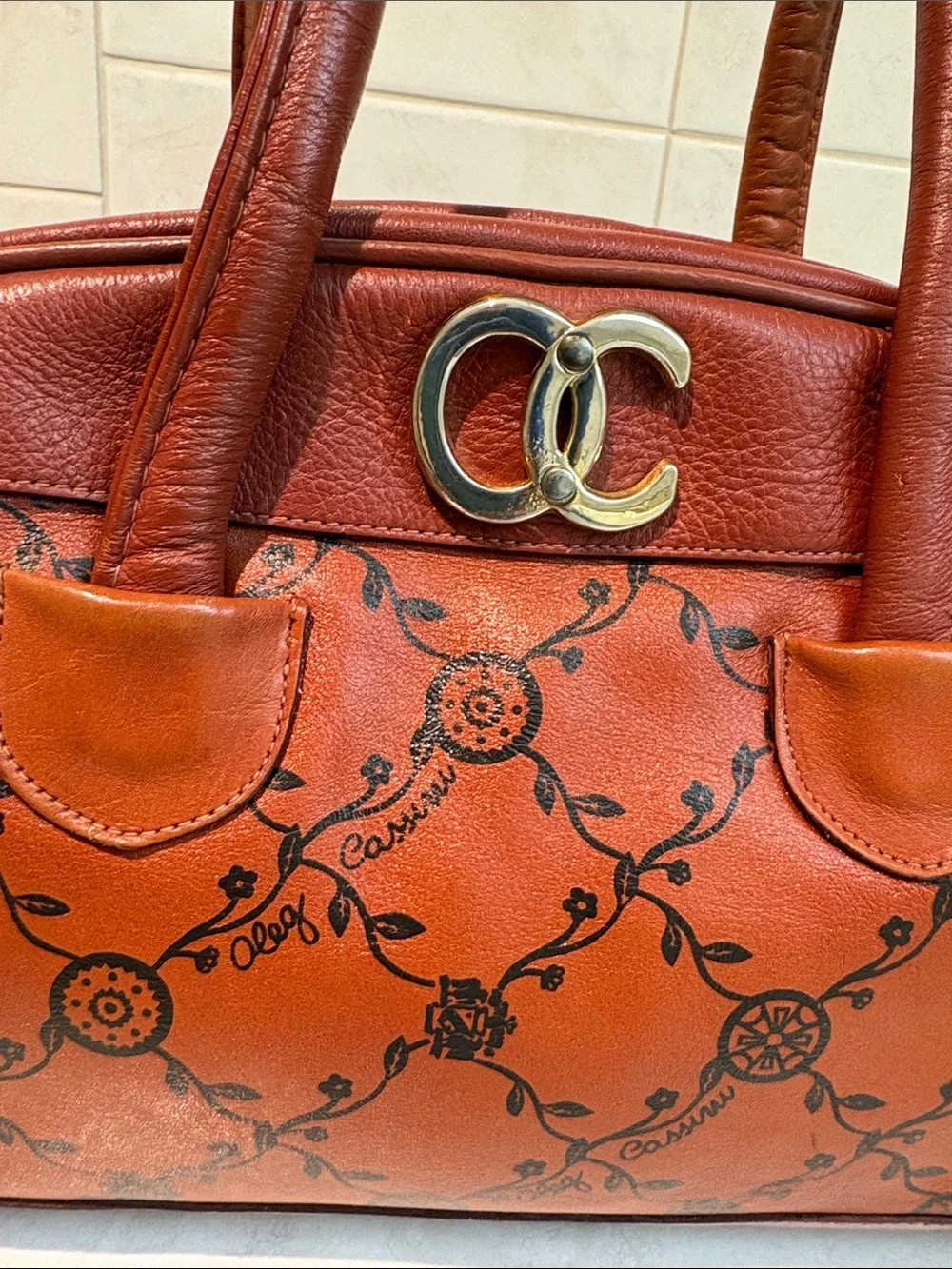 Oleg Cassini Vintage Logo Brown Two Tone Leather Satchel Handbag
